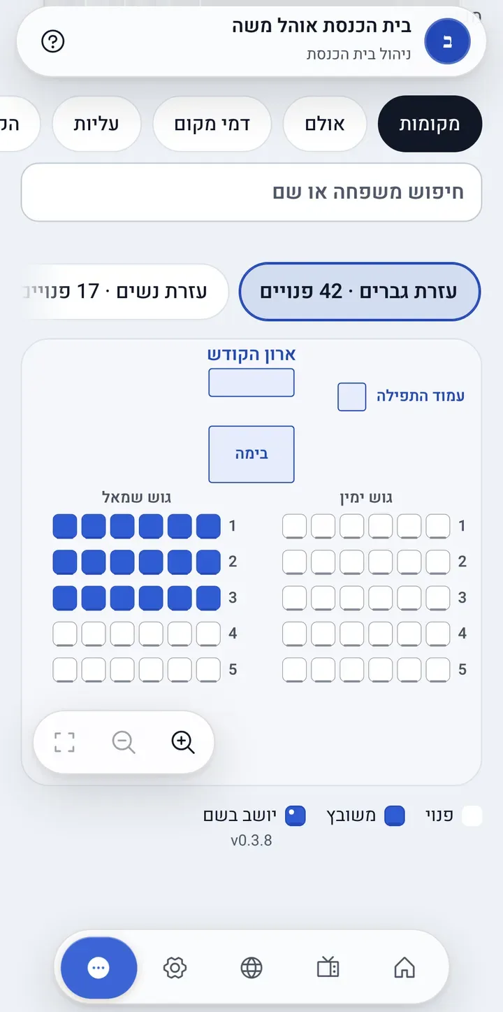מפת האולם עם ארון הקודש, הבימה, גוש ימין וגוש שמאל ומקומות משובצים
